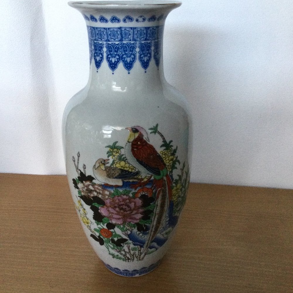 Vintage Chinese? porcelain vase decorated with flowers and birds 10 1/4" tall